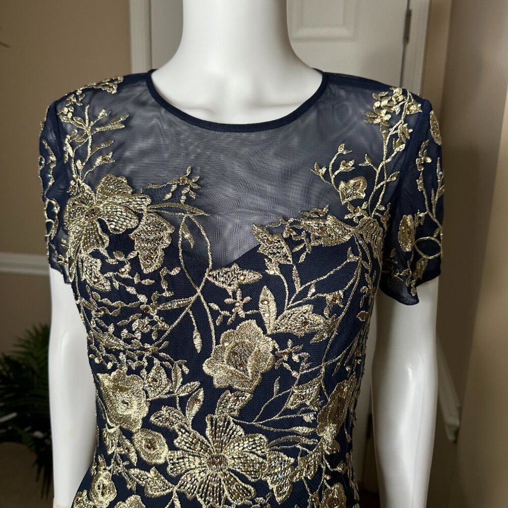 Betsy and Adam Ivanna Evening Dress Navy w/Gold Embroidery Size 8 NWT